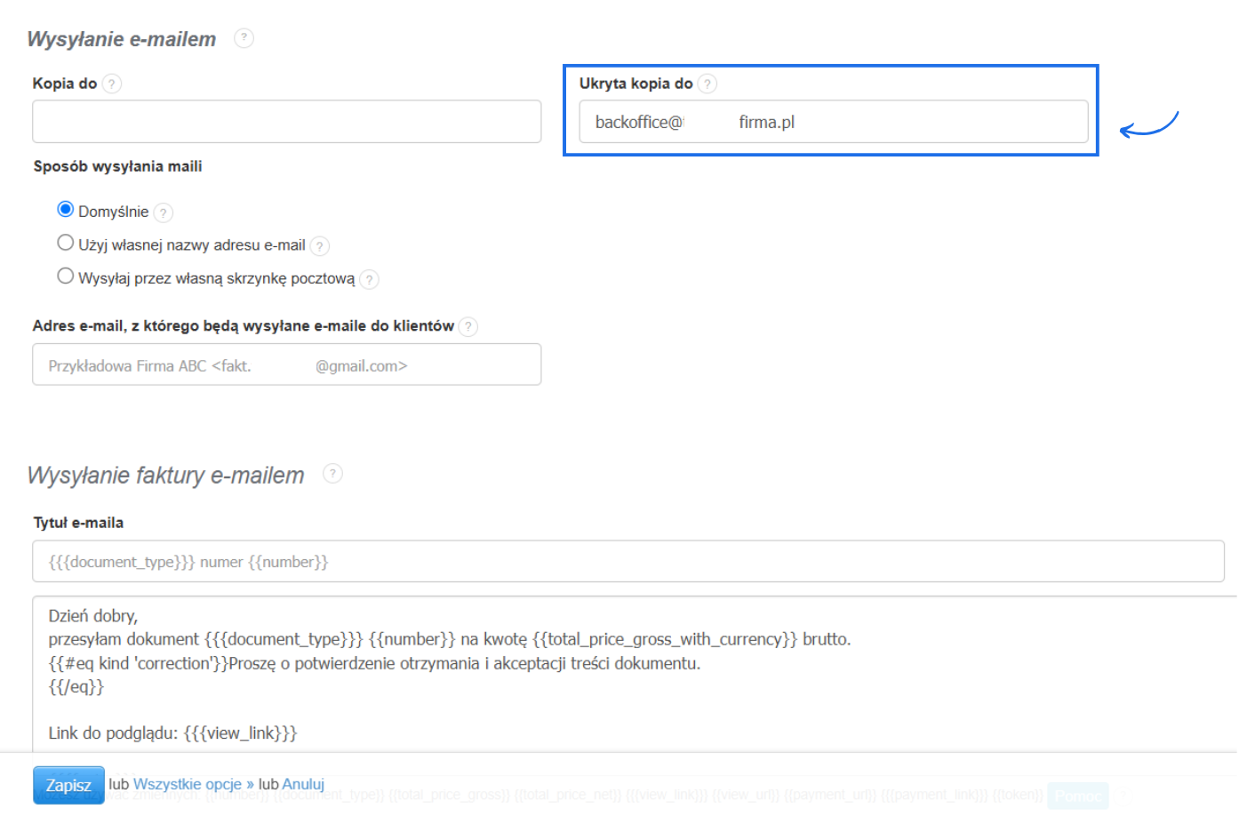 Ustawienia wysyłki e-maili w systemie Fakturownia z możliwością wyboru sposobu wysyłki oraz dodania ukrytej kopii lub ukrytej kopii do.
