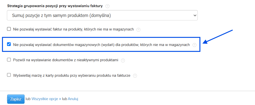 Ustawienia konfiguracji dla produktów z aktywną blokadą wystawienia wydań, jeśli stan produktu to 0.