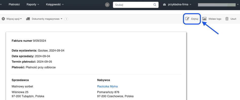 Podgląd faktury w systemie do fakturowania online z widocznymi danymi sprzedawcy, nabywcy oraz przyciskiem edycji dokumentu.