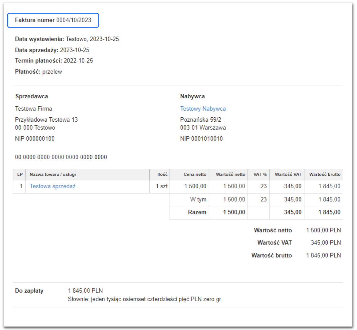 Przykład faktury numer 0004/10/2023, zawierający datę wystawienia, datę sprzedaży, termin płatności, dane sprzedawcy i nabywcy, oraz szczegóły transakcji.