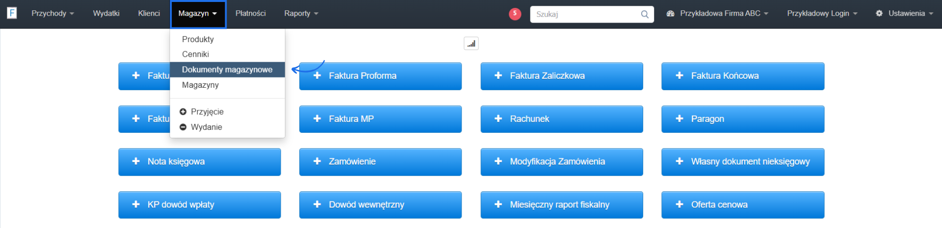 Strona główna systemu Fakturownia z przyciskami do wystawiania faktur oraz aktywną zakładką magazyn i wybraną opcji dokumenty magazynowe.