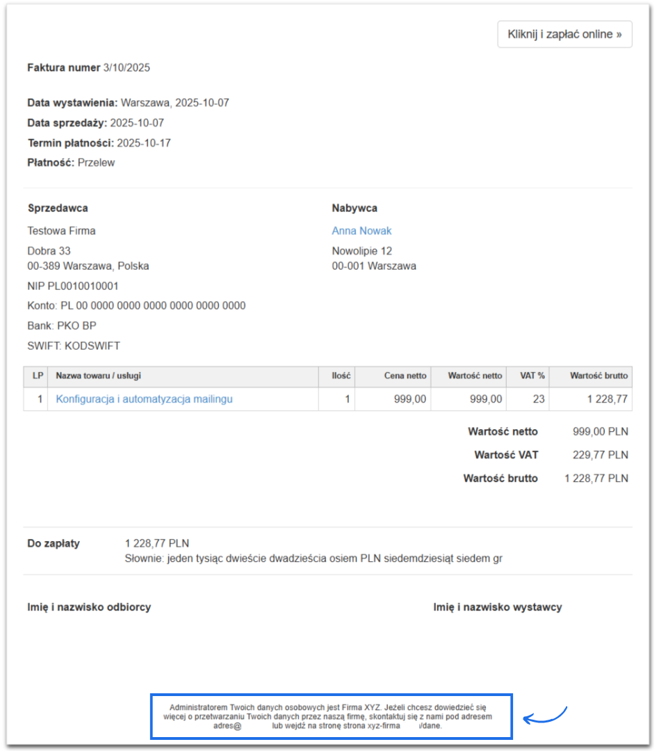 Przykład faktury sprzedażowej wystawionej dla klienta firmy XYZ za konfigurację mailingu z uwzględnieniem dodatkowych uwag na dole faktury.