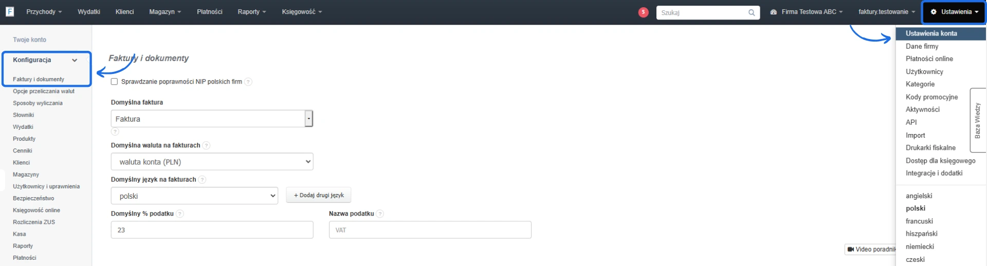 Panel ustawień faktur w systemie fakturowania z opcjami konfiguracji domyślnej waluty, języka i stawek podatkowych VAT.