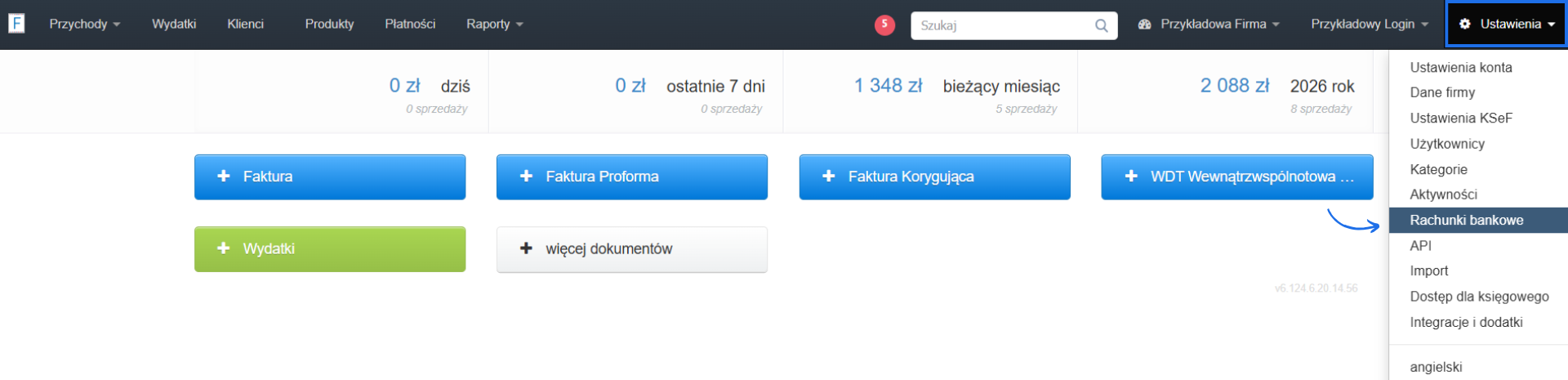 Strona główna systemu Fakturownia z zakładką ustawień i wybraną opcją rachunki bankowe.