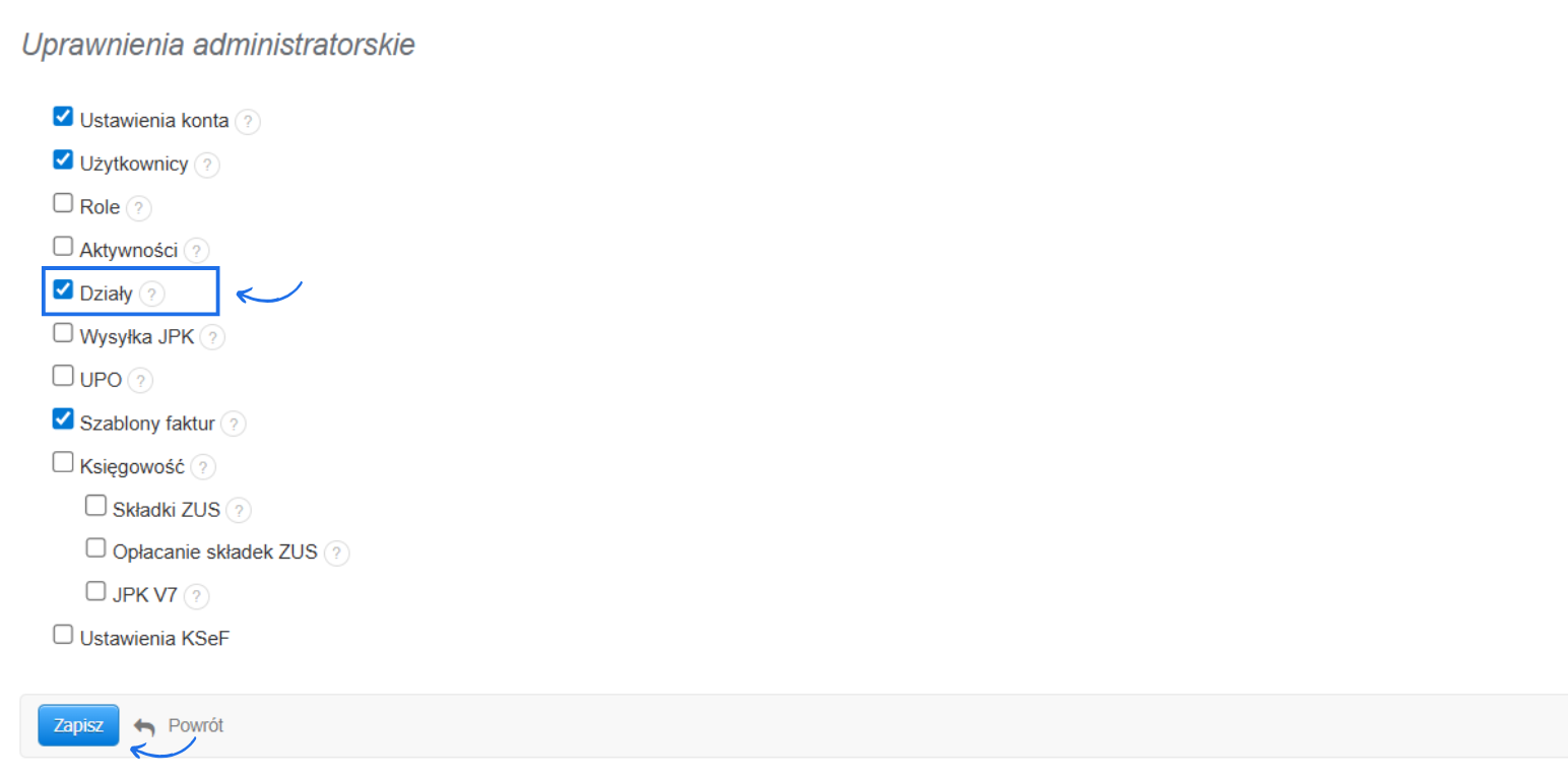 Lista uprawnień administratorskich dostępnych do nadania dla użytkownika przy tworzeniu własnej roli w tym dostęp do ustawień konta i działów.