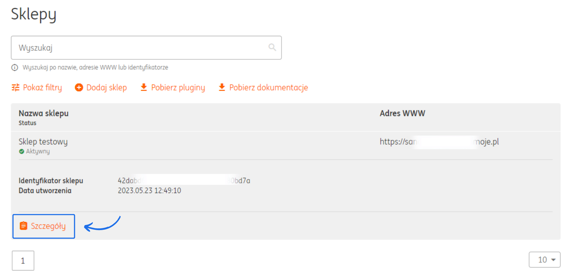 Panel imoje z listą sklepów, widoczny aktywny sklep testowy z przyciskiem „Szczegóły” i identyfikatorem sklepu.