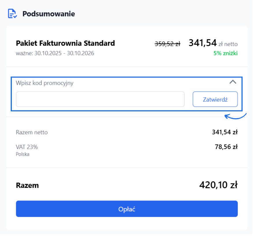 Podsumowanie wartości zamówienia w formularzu płatności za abonament na koncie w Fakturowni z polem do wpisania kodu promocyjnego.