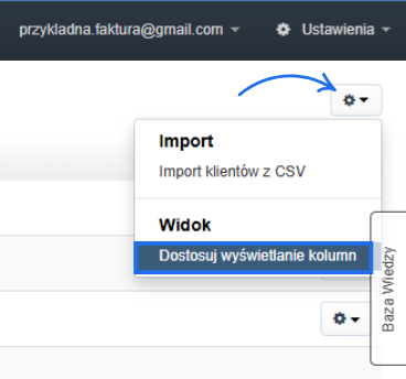 Menu ustawień z rozwiniętą opcją „Dostosuj wyświetlanie kolumn” służącą do personalizacji widoku danych.
