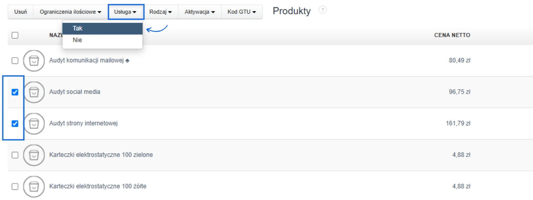 Masowe oznaczenie produktów jako usługa w systemie magazynowym — lista audytów z zaznaczonymi checkboxami.