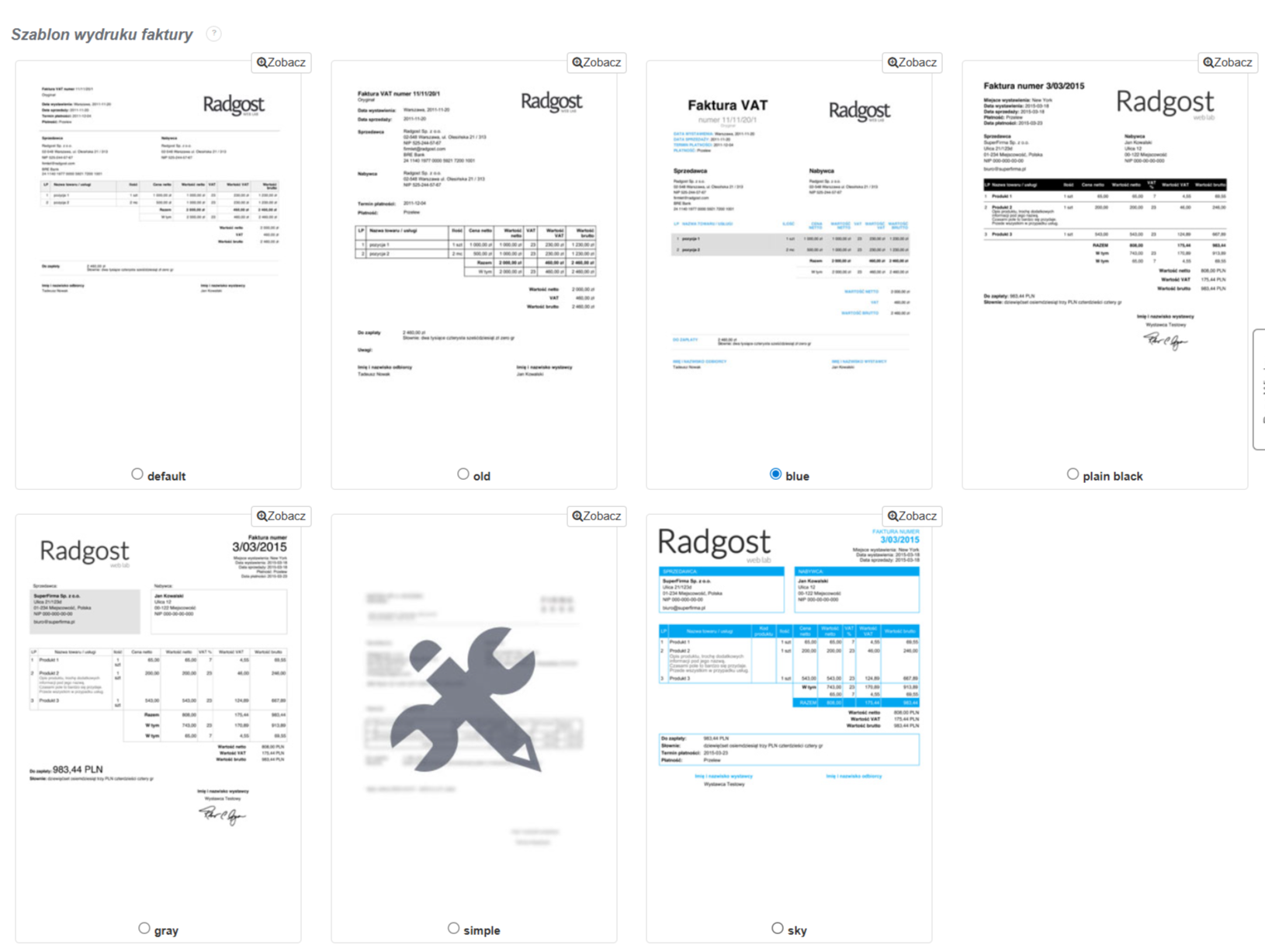 Lista szablonów systemowych dostępnych do wyboru w systemie Fakturownia.