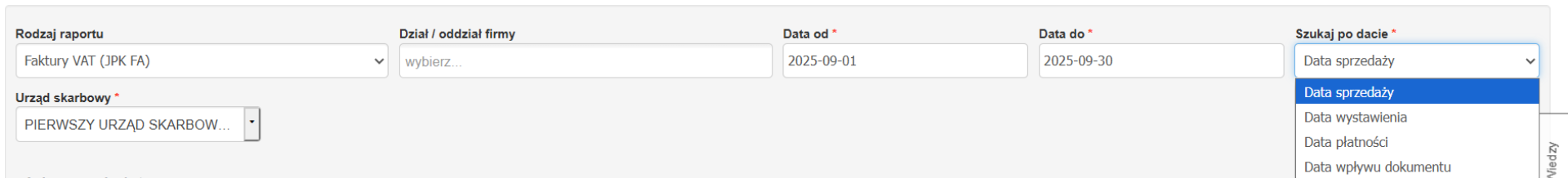 Szczegółowe pola w formularzu tworzenia raportu JPK_FA z możliwością wybrania działu/oddziału firmy, zakresu daty, daty wyszukiwania dokumentów sprzedaży i urzędu.