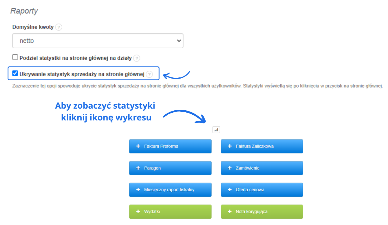 Ustawienia statystyk w systemie Fakturownia z aktywną opcją ukrywania statystyk na stronie głównej.