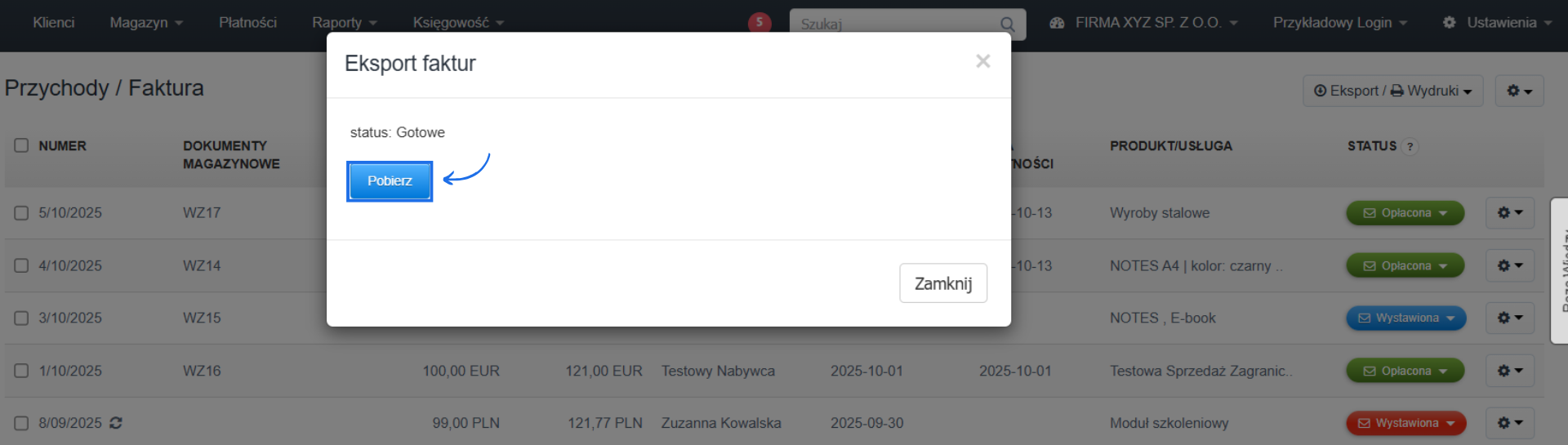 Komunikat systemowy widoczny po eksporcie danych z konta z możliwością pobrania pliku na dysk urządzenia za pomocą przycisku Pobierz.