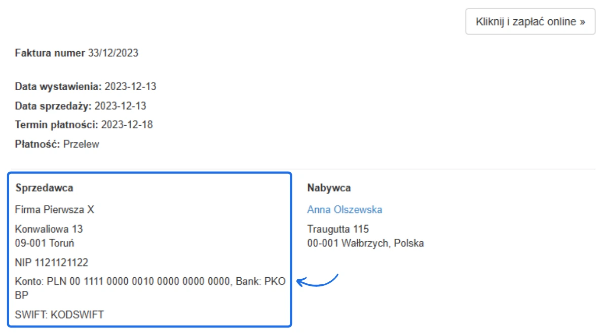 Szczegóły faktury dla Firma Pierwsza X z danymi sprzedawcy i nabywcy, numerem konta bankowego oraz przyciskiem 'Kliknij i zapłać online'.