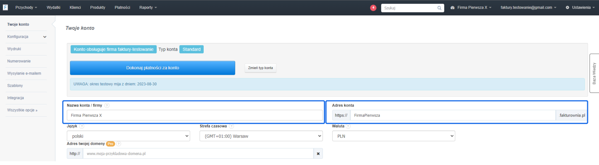 Ekran zmiany nazwy konta i adresu w systemie fakturowania online, z podświetlonymi polami do edycji nazwy firmy i adresu konta