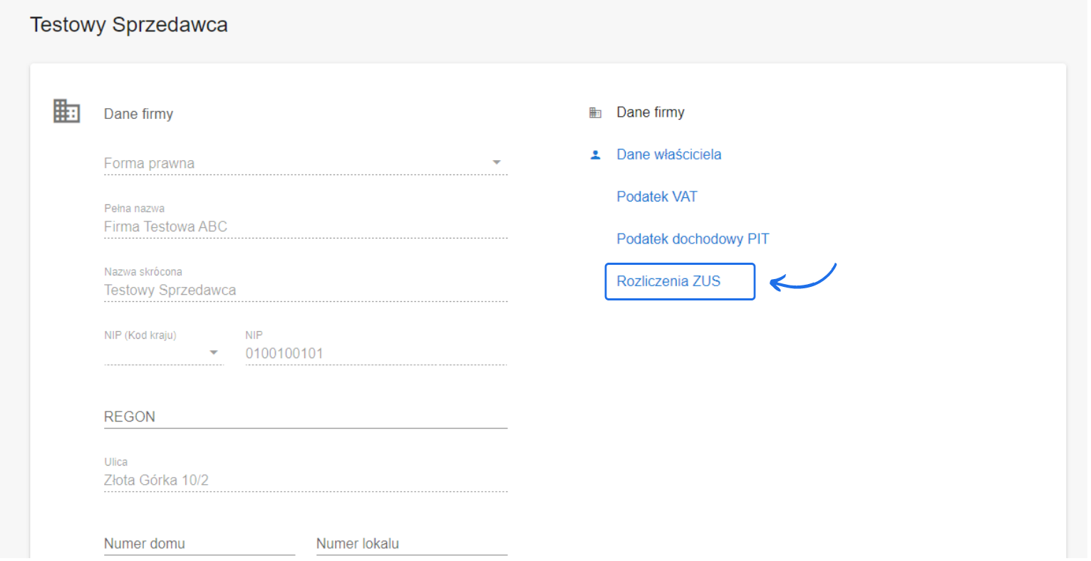 Panel konfiguracji firmy w systemie do fakturowania online z dostępną możliwością konfiguracji rozliczeń ZUS.