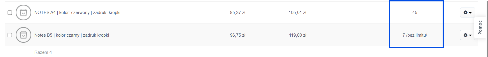 Porównanie dostępnej ilości dla produktu z aktywnym ograniczeniem ilościowym i bez. ograniczenia.
