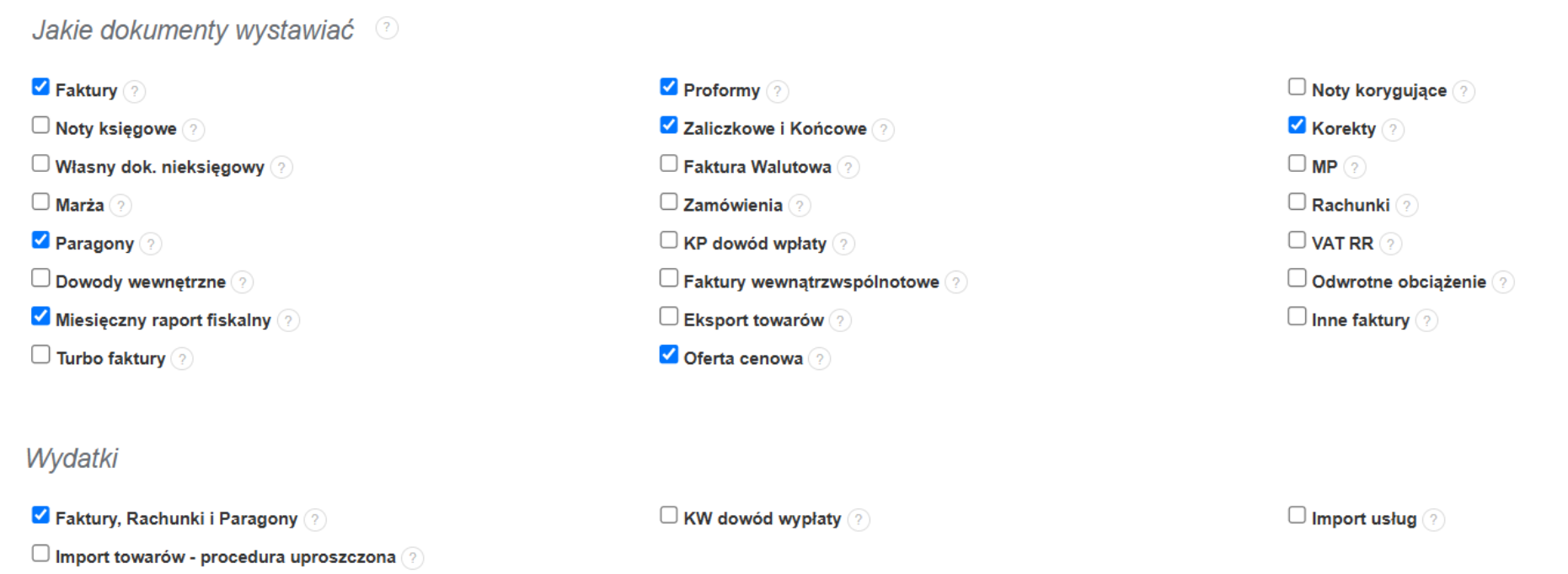 Lista dokumentów dostępnych do wystawienia w systemie Fakturownia z podziałem na przychody i wydatki.