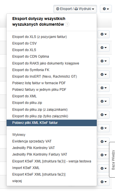 Menu eksportu dokumentów z rozwijaną listą opcji, podświetlona opcja to „Pobierz pliki XML KSeF faktur”.