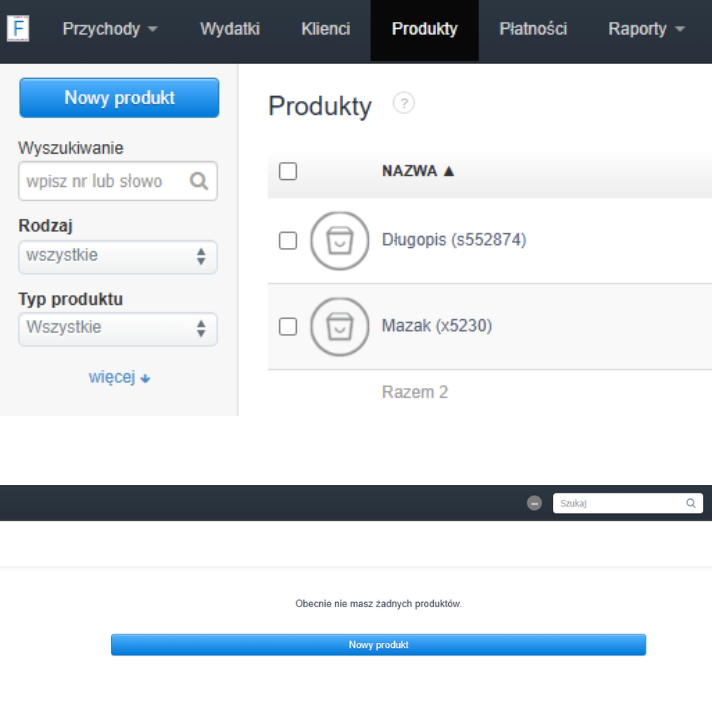 Widok listy produktów z ograniczeniem widoczności dla pracowników z rolą użytkownik