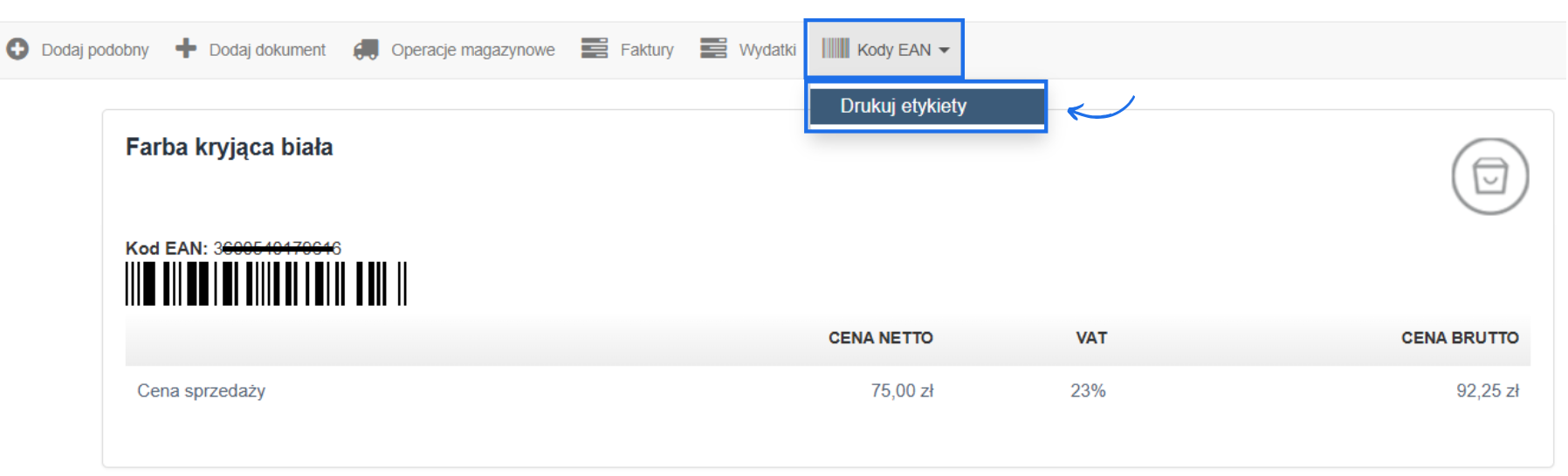 Panel produktu 'Farba kryjąca biała' z kodem EAN i menu 'Kody EAN' z opcją drukowania etykiety.