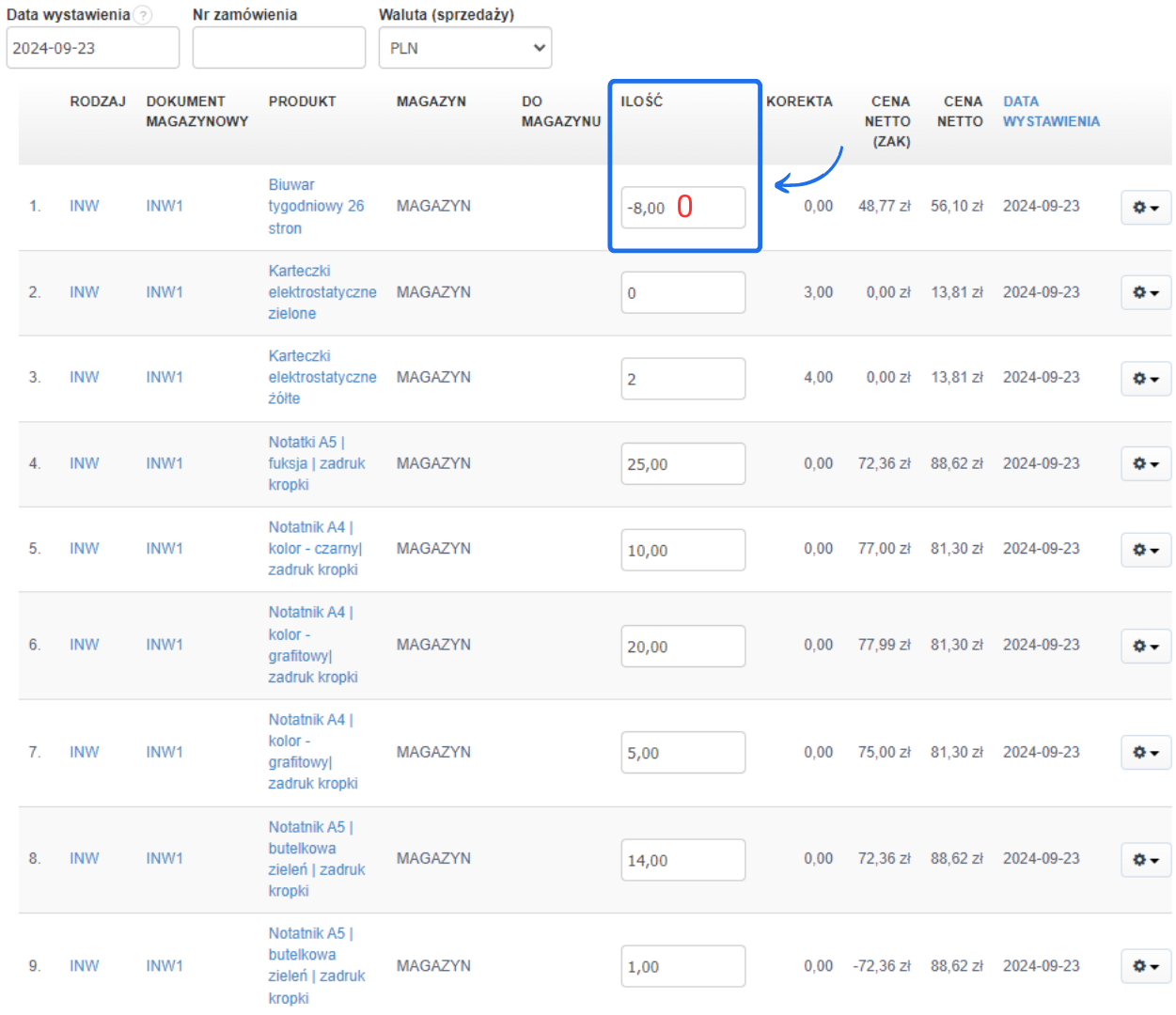Tabela inwentaryzacji z listą produktów, ich ilością, korektą oraz cenami netto, z widoczną datą wystawienia dokumentu 23 września 2024.