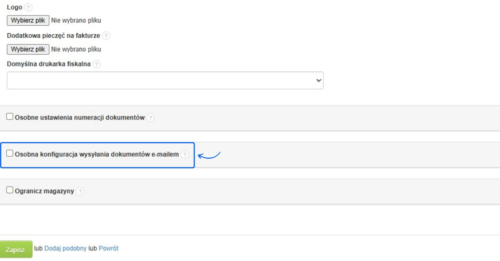 Opcja osobnej konfiguracji wysyłania dokumentów e-mailem w ustawieniach działu firmy – pole do zaznaczenia.