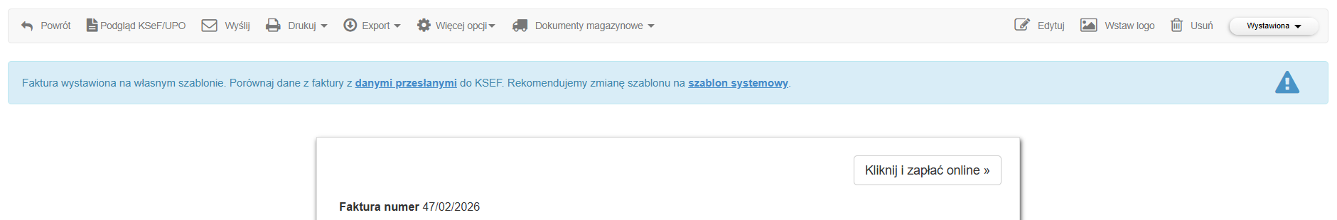 Podgląd faktury z komunikatem o weryfikacji własnego szablonu.