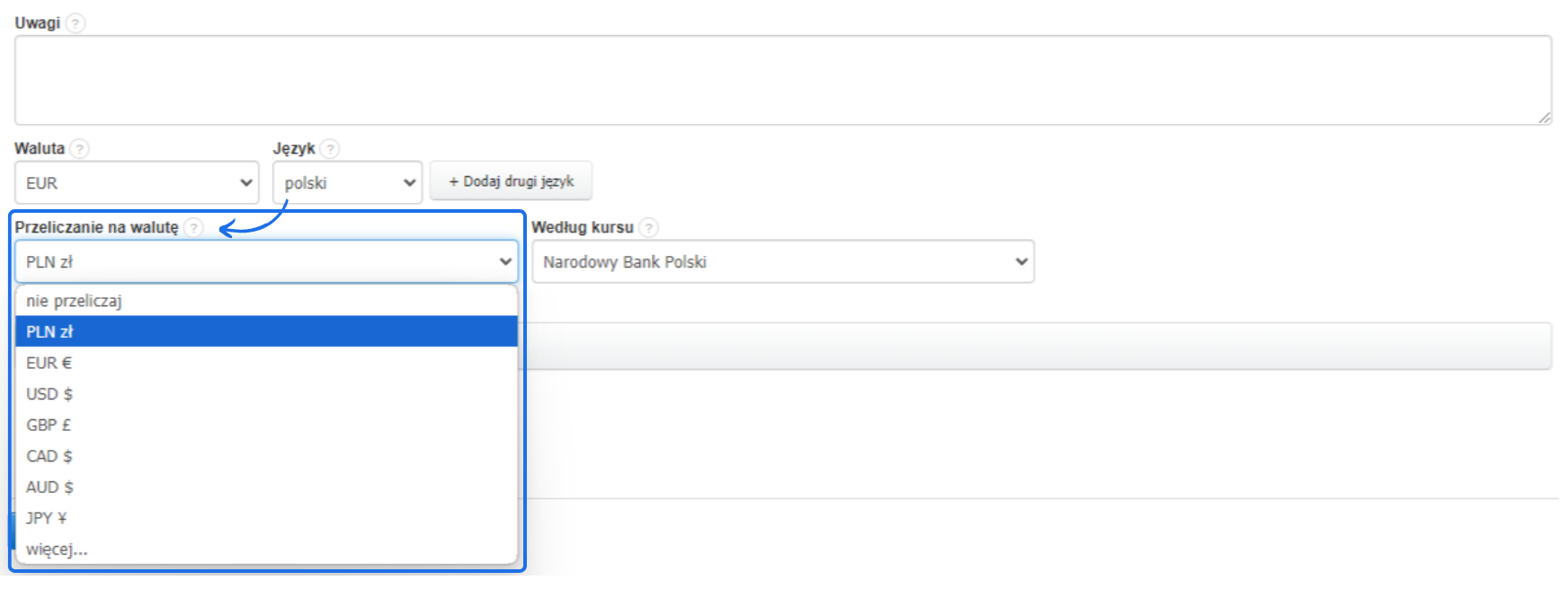Formularz faktury z opcją przeliczania waluty, wybraną walutą PLN, z możliwością wyboru innych walut takich jak EUR, USD, GBP, CAD.