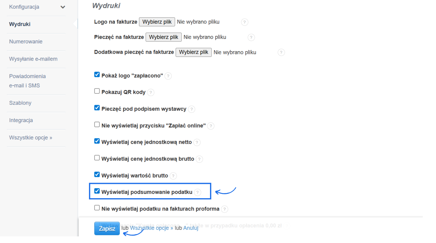Lista opcji do aktywowania w systemie do fakturowania online dotycząca widoku informacji na wydrukach faktury, w tym wyświetlania podsumowania podatku dla kilku stawek VAT na jednym dokumencie.