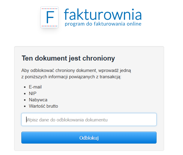 Formularza zabezpieczenia widoku publicznego archiwalnej faktury z możliwością odblokowania po podaniu danych dotyczących transakji.