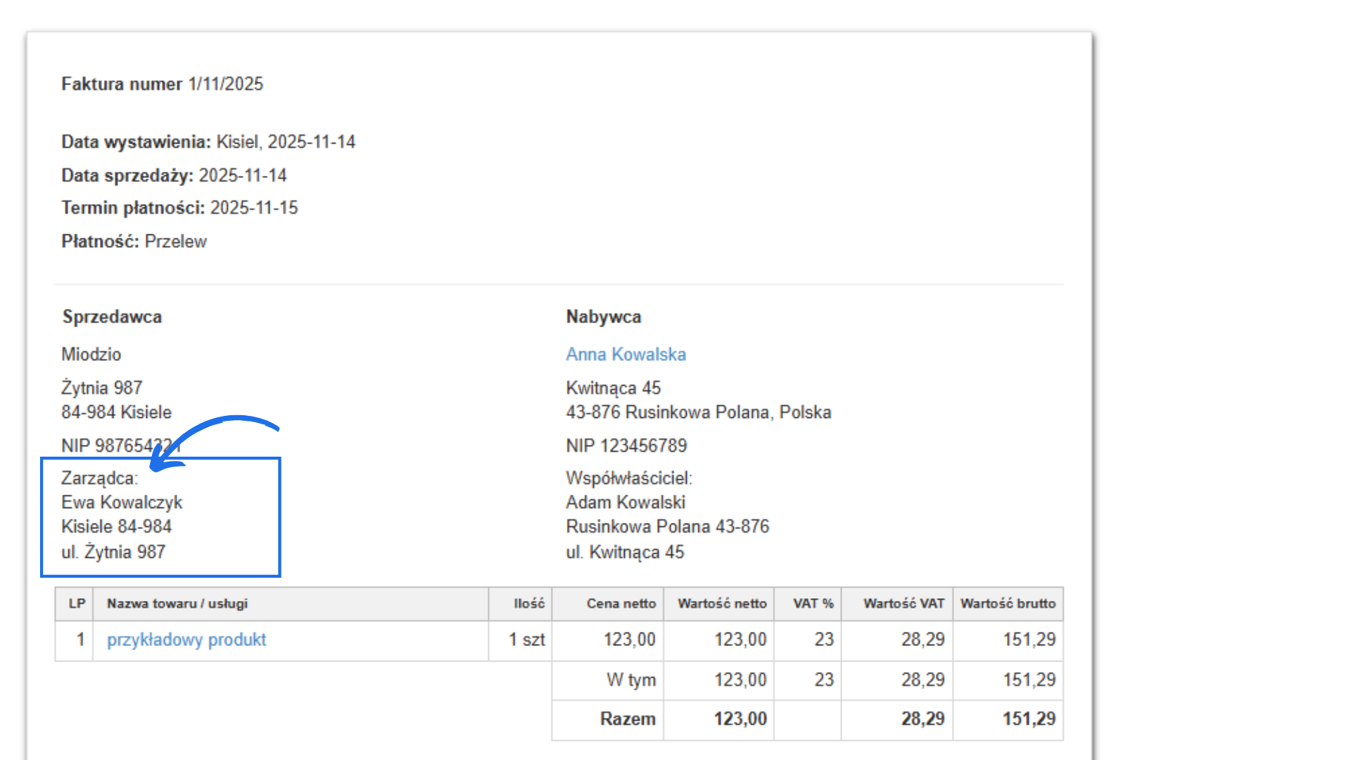 Faktura z danymi sprzedawcy i zarządcy Ewą Kowalczyk oraz nabywcy i współwłaściciela Adamem Kowalskim