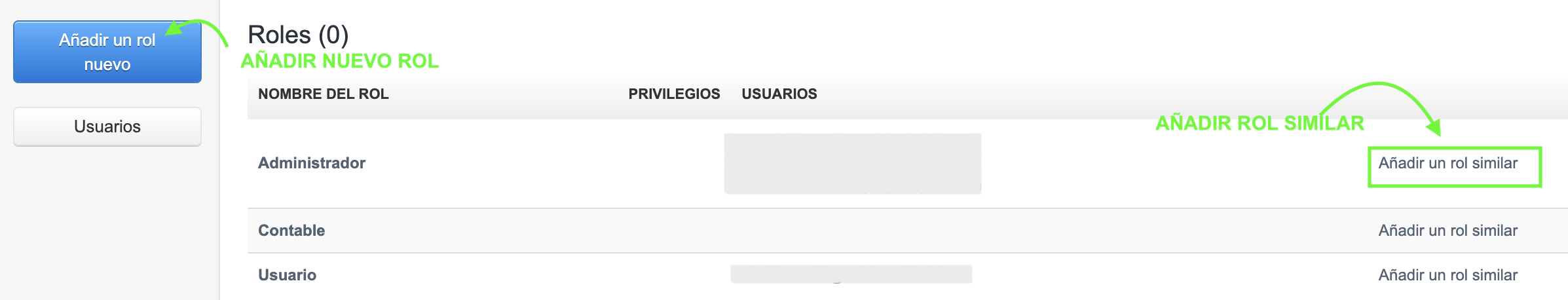 Pantalla de Ajustes con opciones para añadir rol similar o rol nuevo