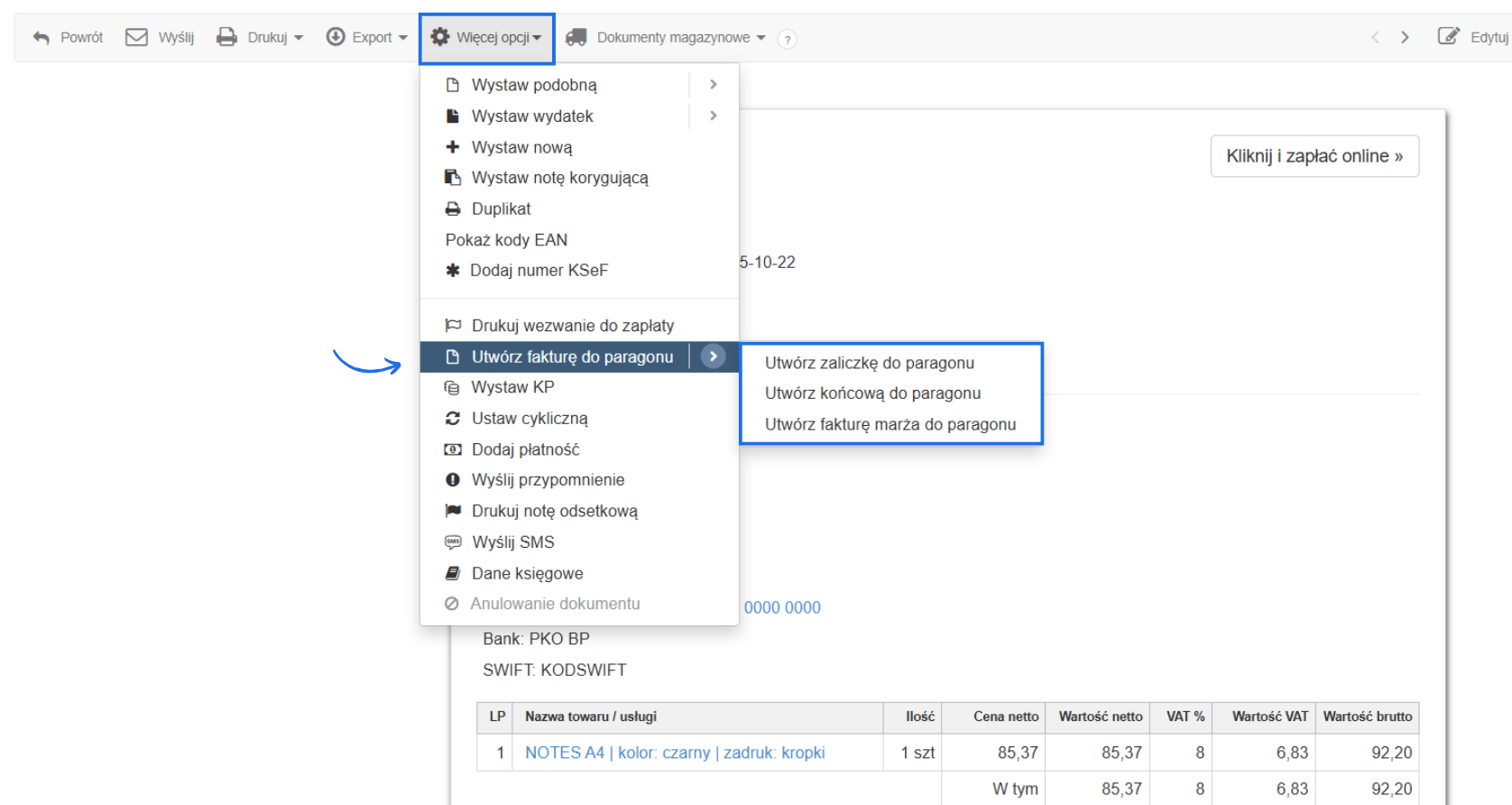 Paragon w systemie Fakturownia z dodatkowymi opcjami w tym możliwością wystawienia faktury do paragonu w postaci faktury zaliczkowe, końcowej lub marża.