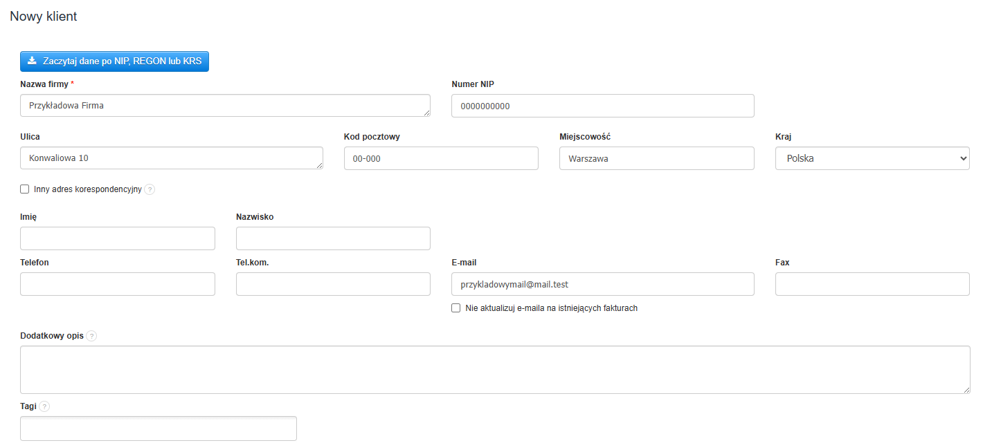 Formularz tworzenia klienta z uzupełnionymi podstawowymi danymi takimi jak nazwa, NIP, dane adresowe.