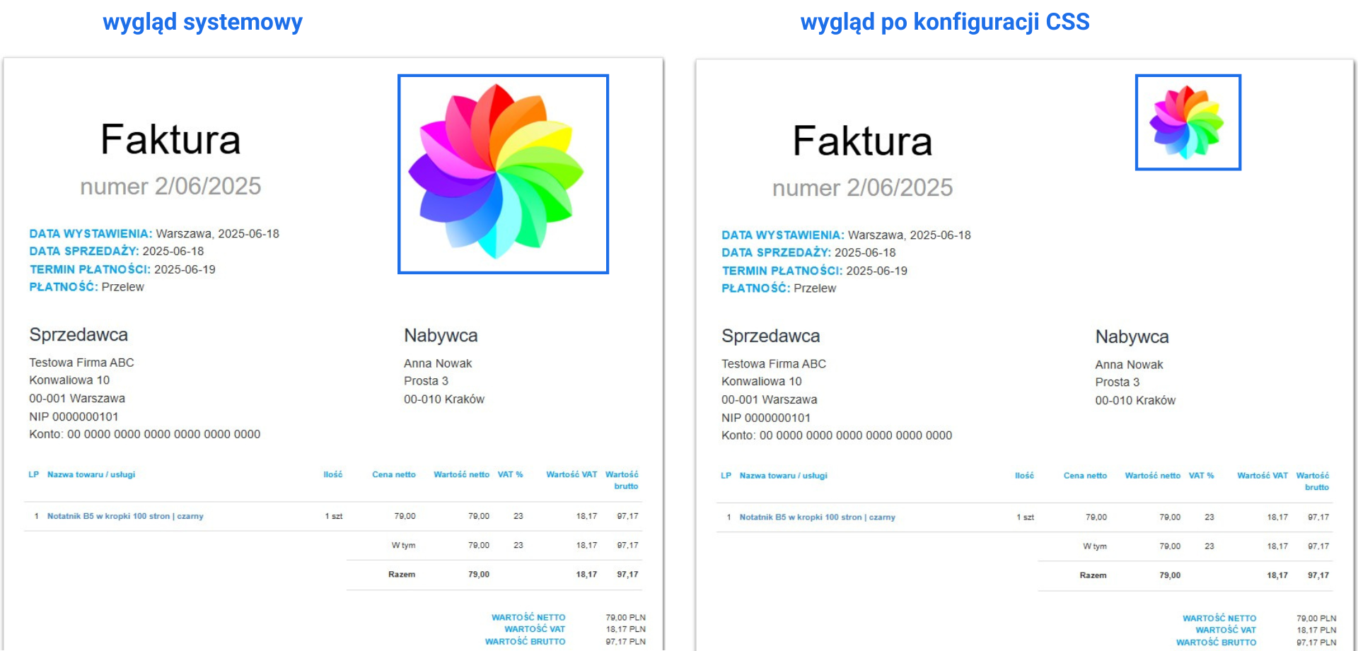 Porównanie wyglądu faktury przed i po konfiguracji CSS zmieniającej wielkość logo.