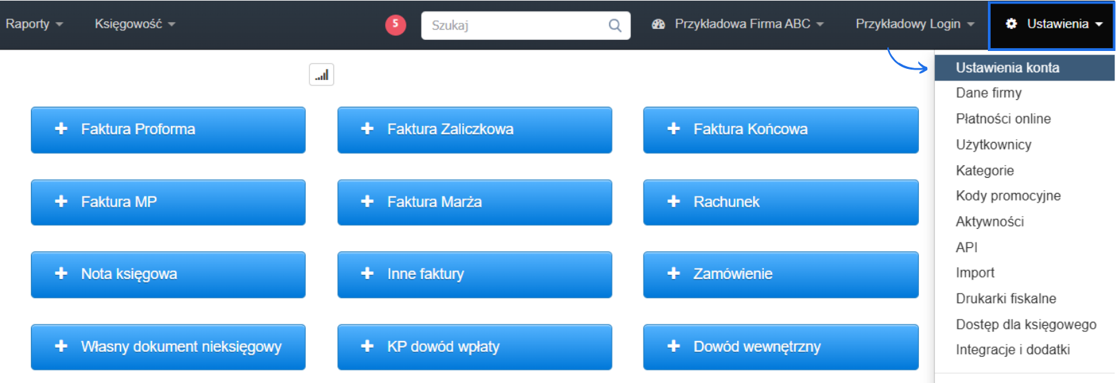 Strona główna systemu Fakturownia z aktywną zakładką ustawień konta oraz przyciskami do wystawiania dokumentów.