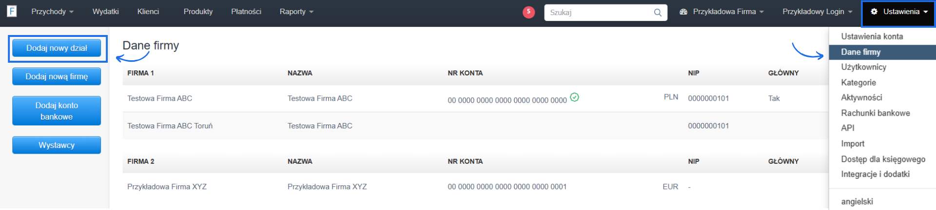 Lista firm i działów utworzonych na koncie w systemie Fakturownia dostępnych w zakładce Dane firmy z aktywnym przyciskiem Dodaj nowy dział.