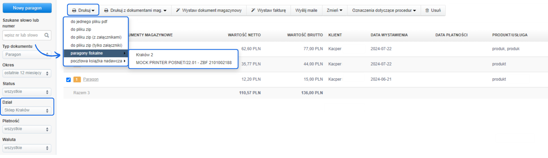 Panel systemu Fakturownia.pl pokazujący listę dokumentów działu Sklep Kraków z opcją drukowania paragonów fiskalnych na wybranej drukarce.
