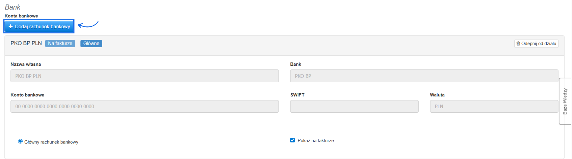 Sekcja bank w ustawieniach działu z dodanym już numerem rachunku bankowego i możliwością dodania kolejnych rachunków za pomocą przycisku 'Dodaj rachunek bankowy'.