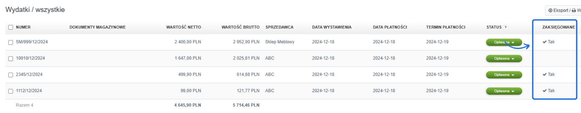 Lista wydatków w Fakturowni z kolumną 'Zaksięgowane' i statusem 'Tak' oraz oznaczeniem płatności 'Opłacona' dla wszystkich dokumentów.