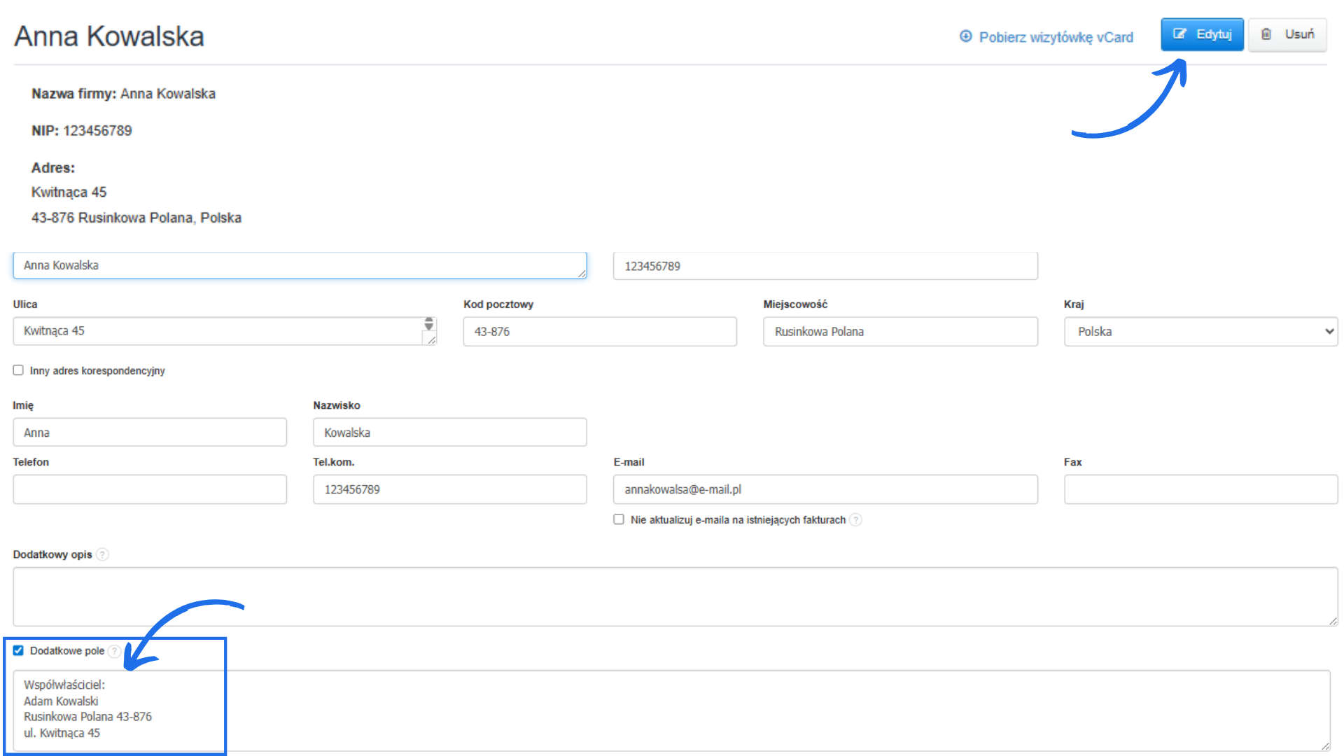 Profil kontrahenta Anny Kowalskiej z danymi adresowymi, kontaktem i zaznaczonym polem współwłaściciela Adam Kowalski