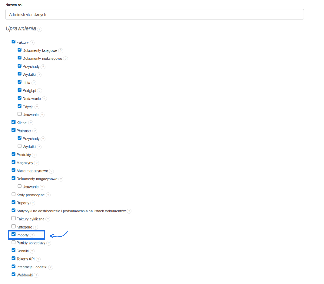 Lista uprawnień do nadania przy tworzeniu własnej roli w tym dostęp do importów.