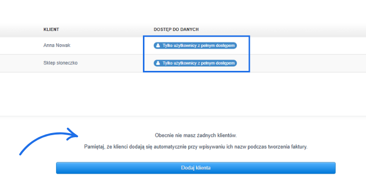 Widok listy klientów z aktywnym ograniczeniem –dostępu dla użytkowników oraz właściciela konta i administratorów