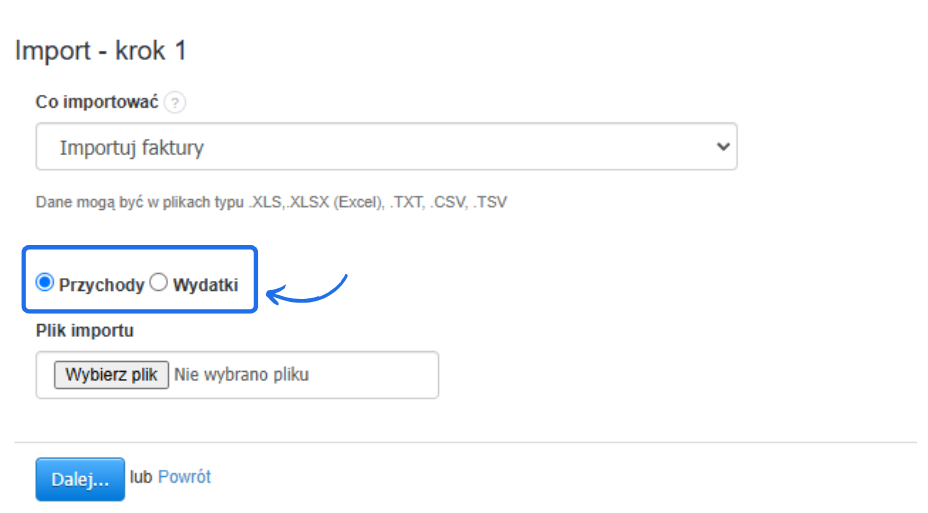 Pierwszy krok importu faktur z wyborem typu dokumentu: przychody lub wydatki oraz opcją dodania pliku do importu w formatach XLS, CSV, TXT.