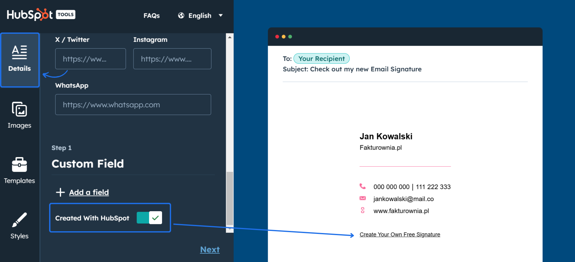 Kreator stopki e-mail w HubSpot, z możliwością dodania własnych pól, linków do mediów społecznościowych i usunięcia sygnatury HubSpot