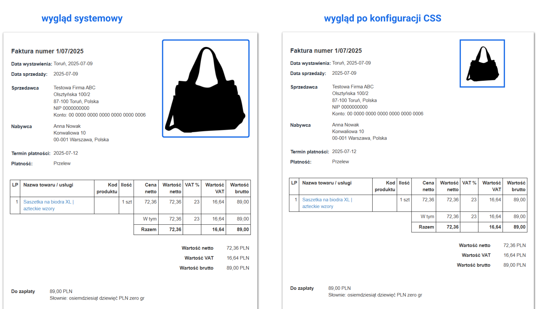 Porównanie wielkości logo na dokumencie dla systemowej wielkości i modyfikacji za pomocą kodu CSS.