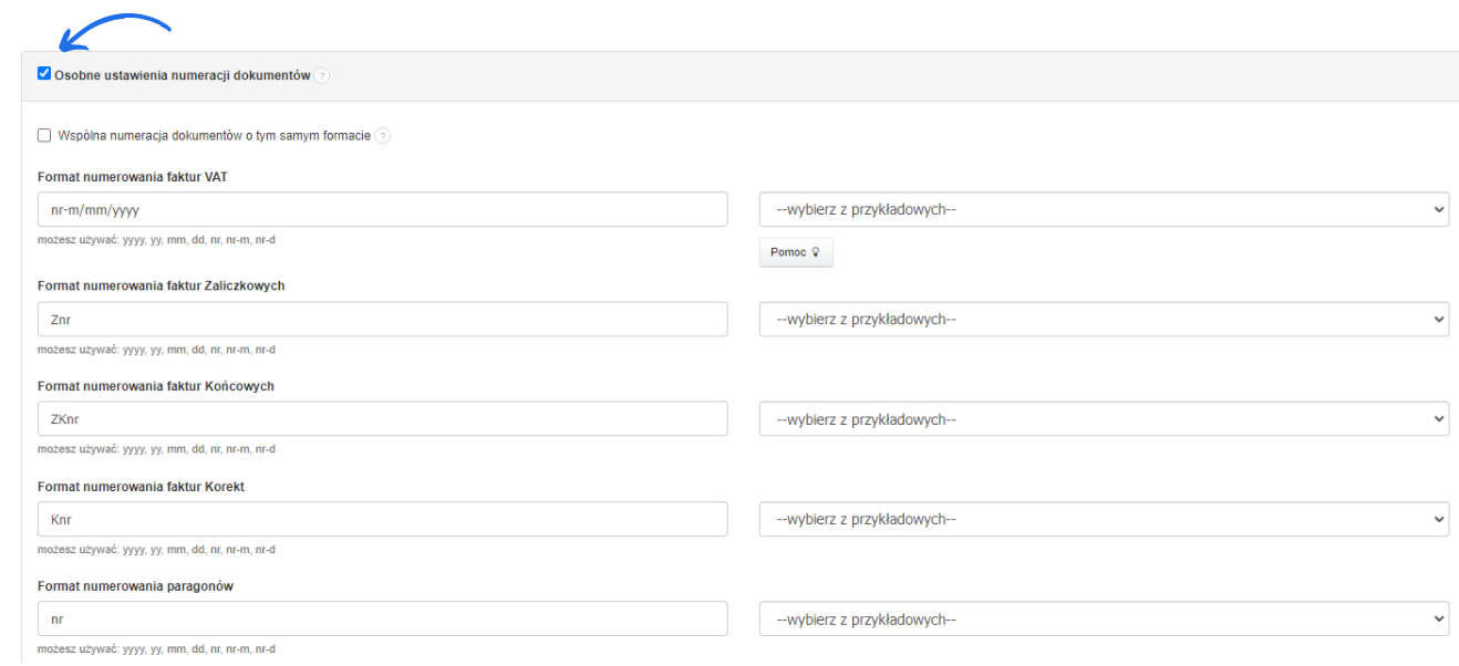 Ekran konfiguracji numerowania w Fakturownia z zaznaczoną opcją oddzielnych ustawień numeracji dokumentów, w tym formatów numerowania różnych typów faktur.