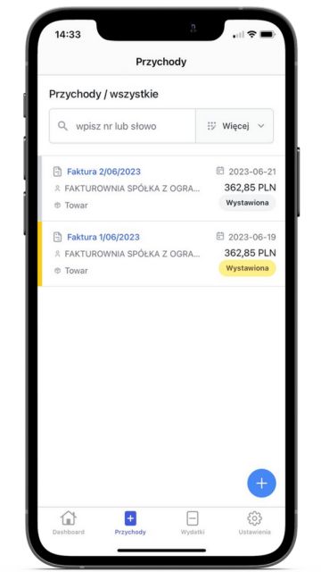 Lista faktur w aplikacji Fakturownia. Faktura 1/06/2023 oznaczona na żółto jako wystawiona, widoczna opcja filtrowania dokumentów.
