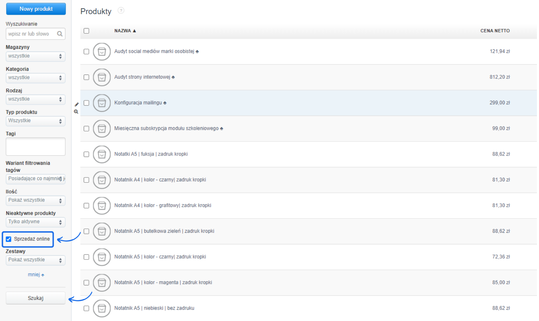 Panel zarządzania produktami w systemie Fakturovnia z filtrowaniem według magazynu, kategorii, typu produktu i opcji sprzedaży online.